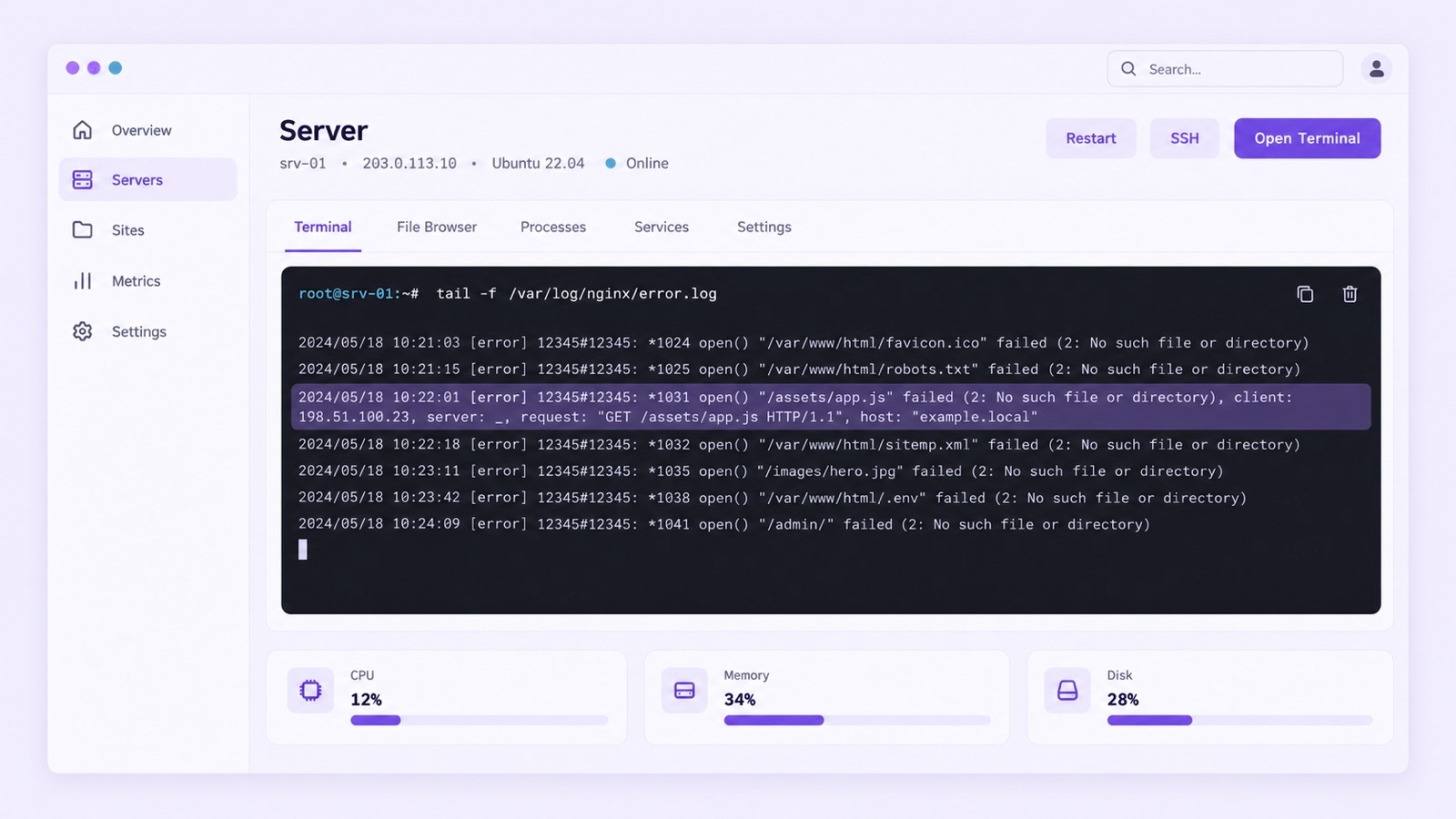 Терминал с логом ошибок nginx показывает запись с кодом 404