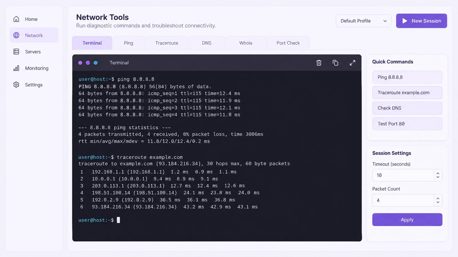 Скриншот терминала с результатами команд ping и traceroute для диагностики уровней модели OSI