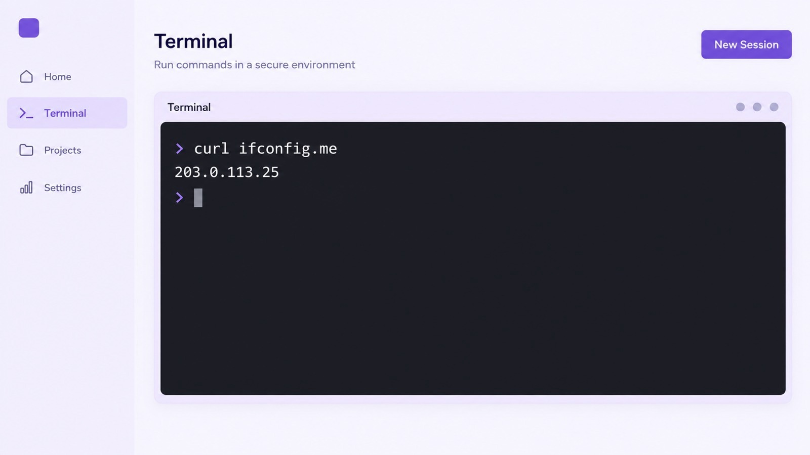 Терминал с результатом команды curl ifconfig.me и выведенным внешним IP-адресом