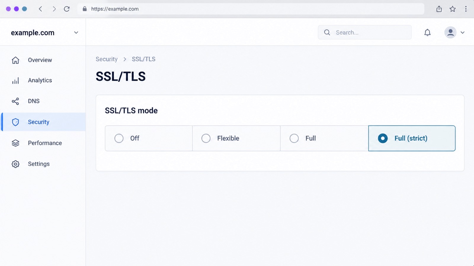 Переключатель режимов SSL/TLS в панели Cloudflare