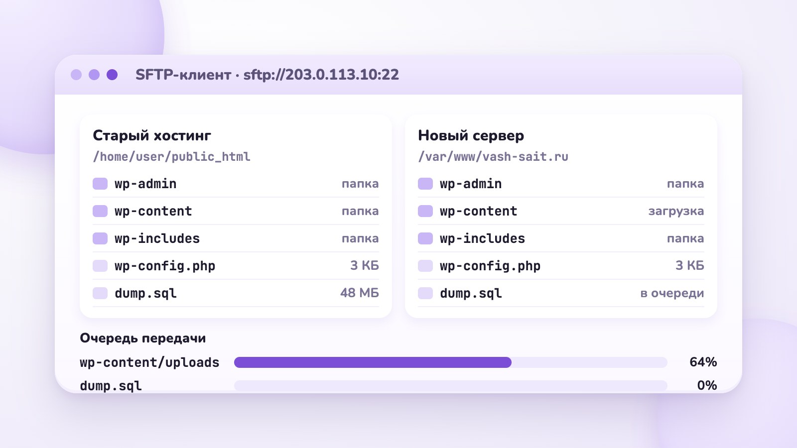 SFTP-клиент: файлы сайта копируются со старого хостинга в папку /var/www/vash-sait.ru на новом сервере